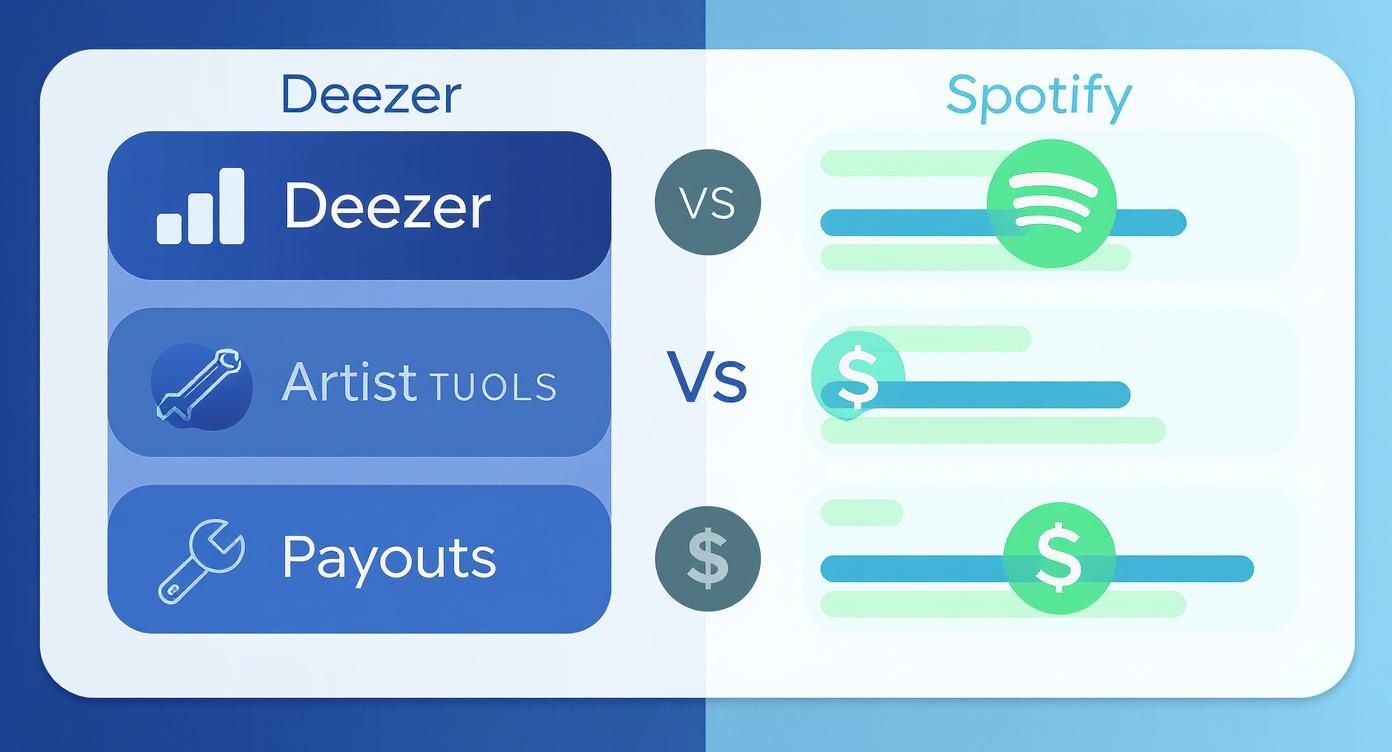 Comparison infographic showing Deezer versus Spotify features including artist tools and payout differences