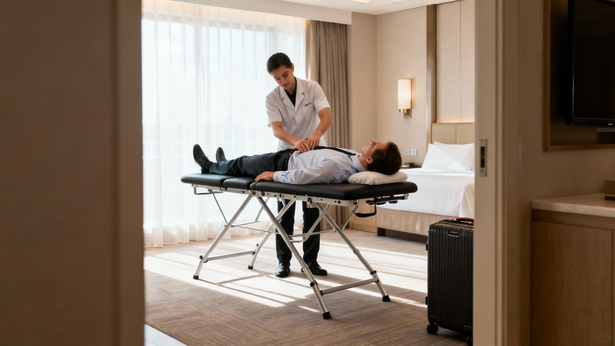 A male therapist performs an abdominal massage on a man lying on a portable table in a hotel room.