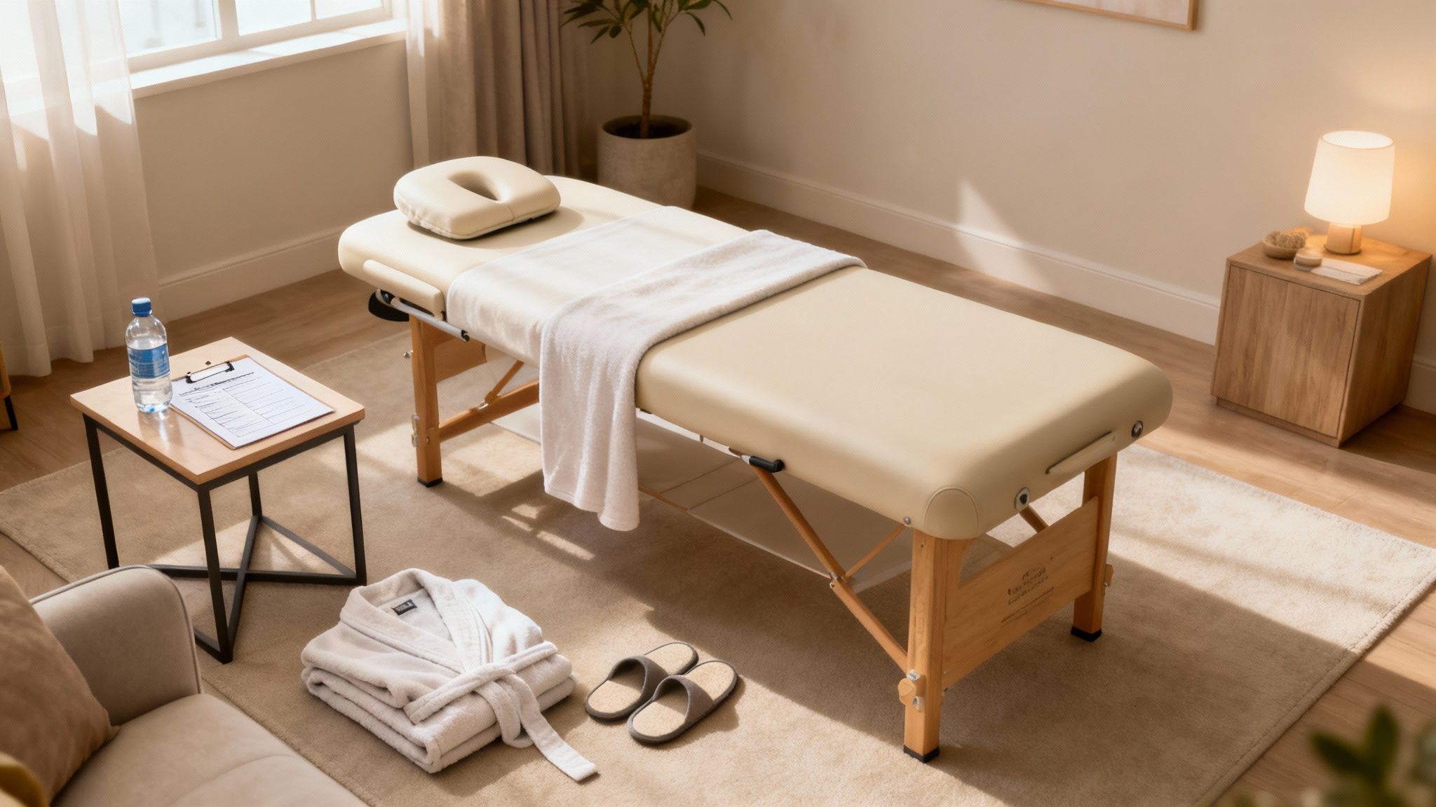 A serene massage therapy room with a light-colored massage table, water, form, bathrobe, and slippers, ready for a session.