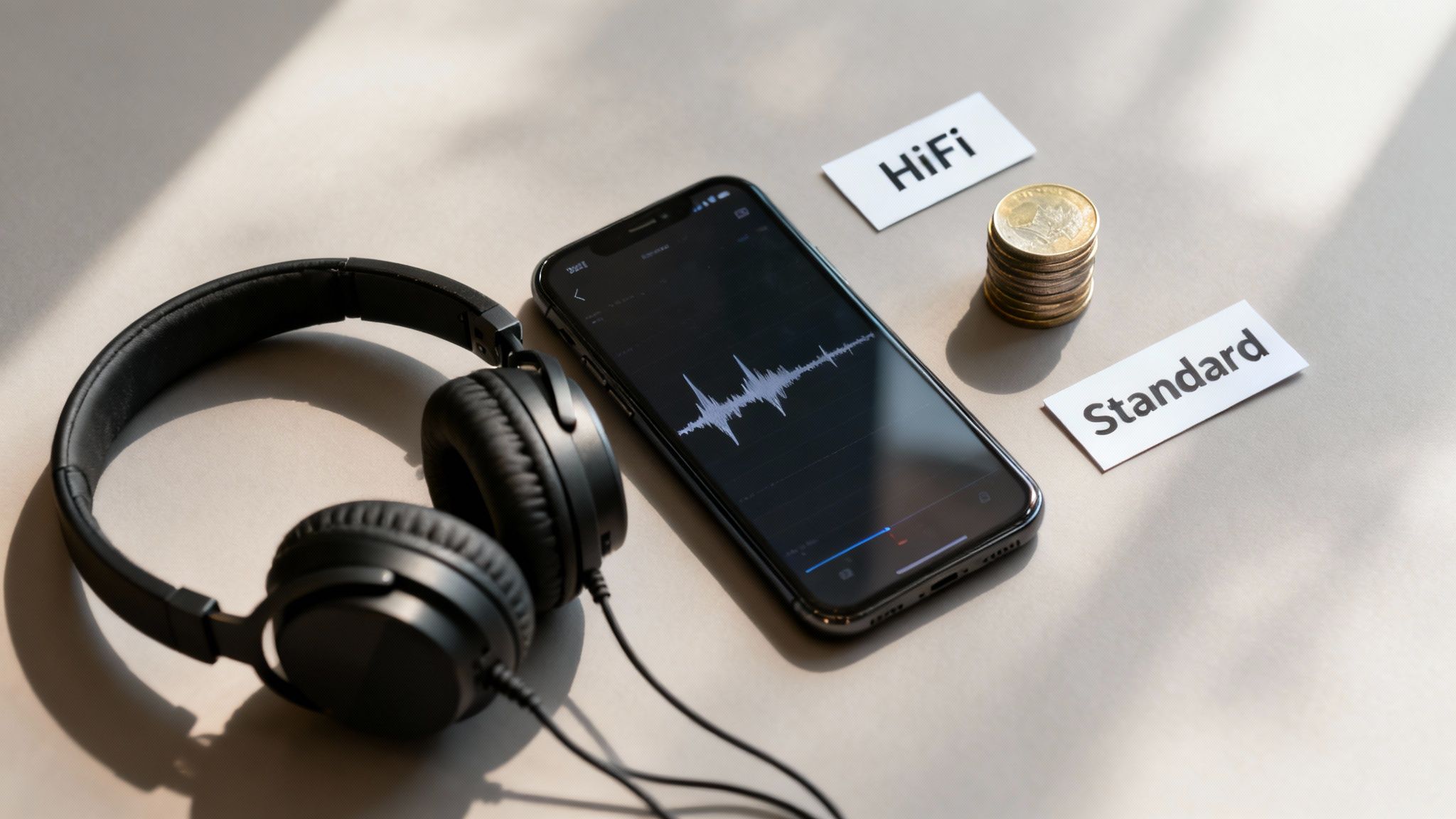 Smartphone displaying audio waveform with headphones and pricing tier cards for music streaming comparison