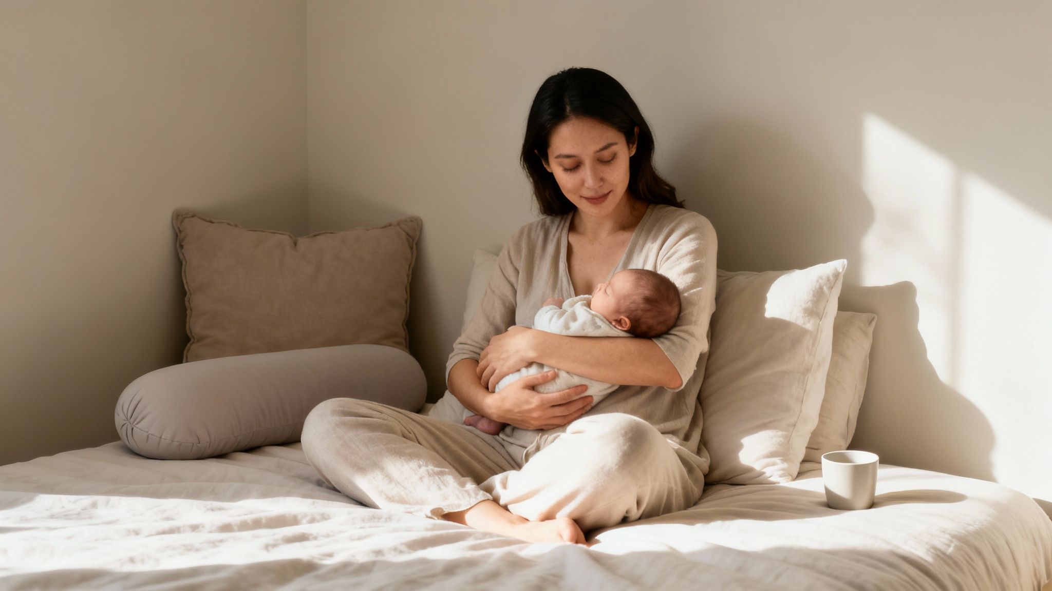 A serene mother sits on a bed, lovingly cradling her sleeping newborn baby in a sunlit room.