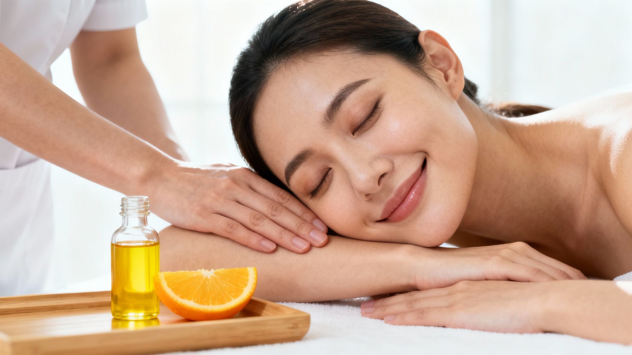 Smiling woman relaxing during a spa aromatherapy massage with essential oil and orange.