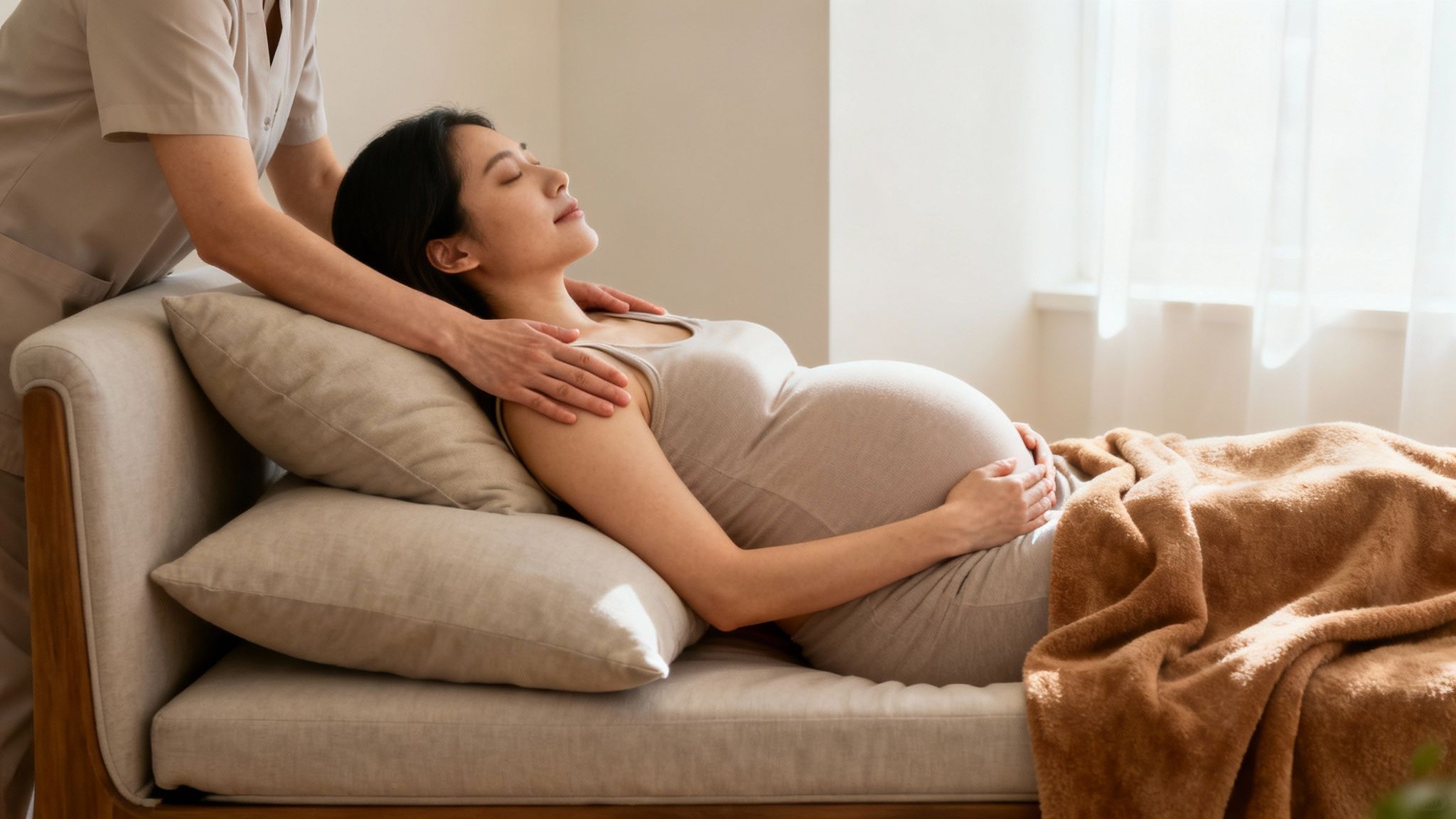 A pregnant woman lies on a sofa, receiving a relaxing neck and shoulder massage from a therapist.