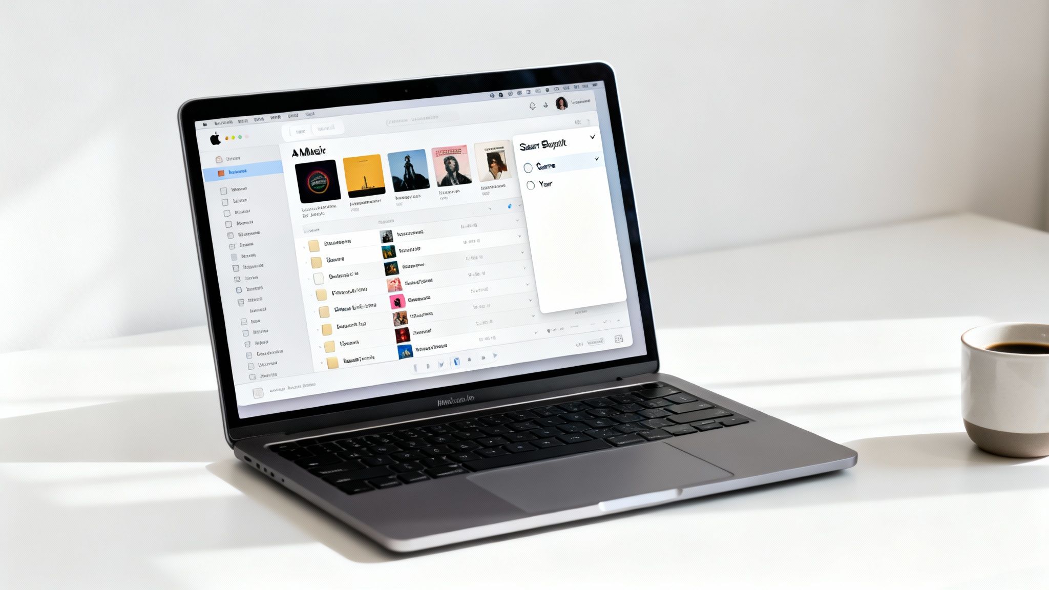 A sleek MacBook Pro on a white desk displays a music application with various playlists and albums, next to a coffee mug.