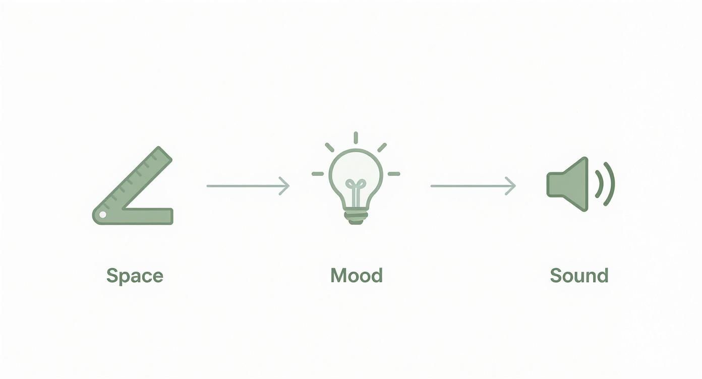 A diagram illustrates space influencing mood, which then influences sound, using icons and text.