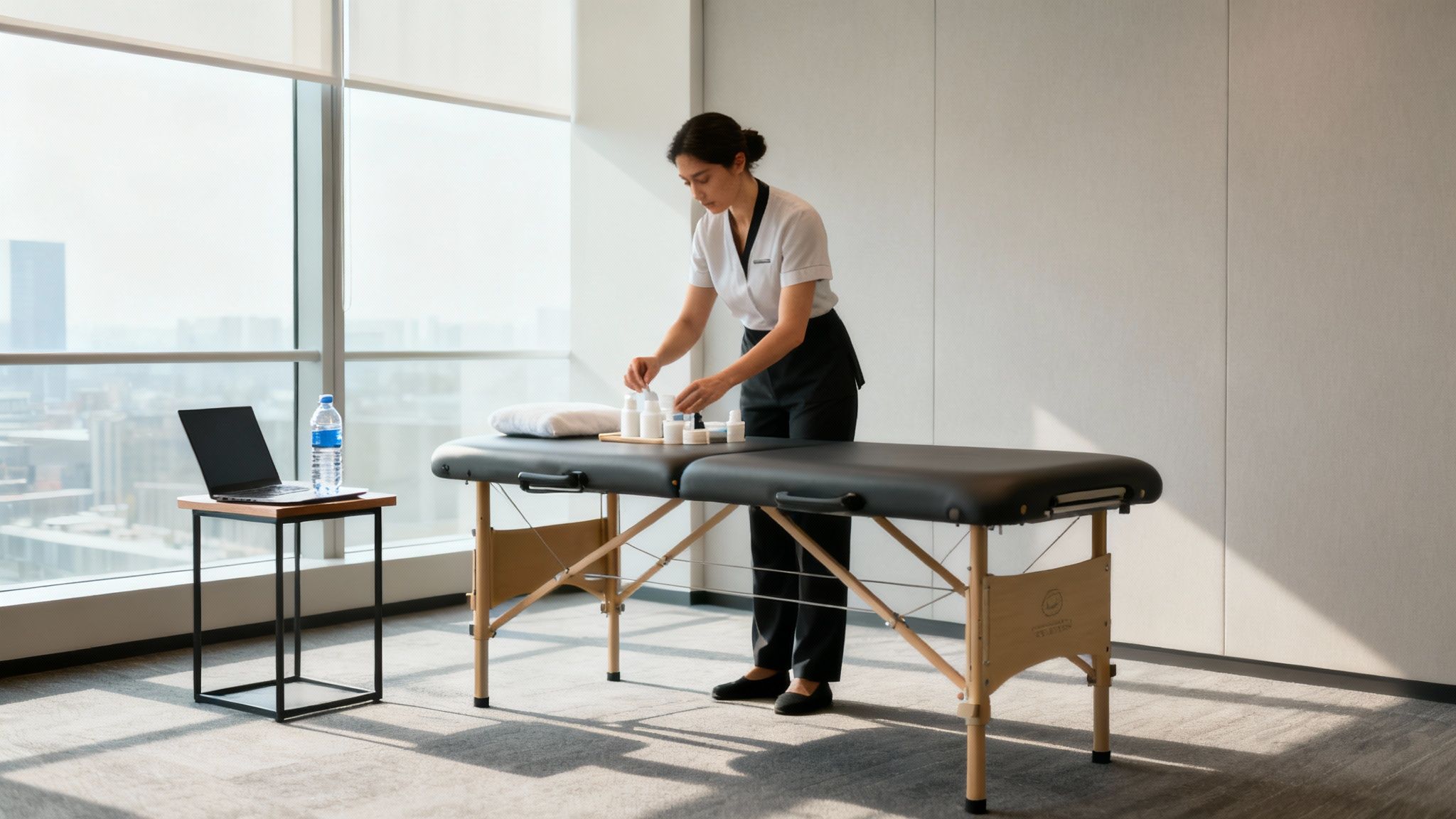 A therapist sets up a professional massage table in a modern, well-lit office space.