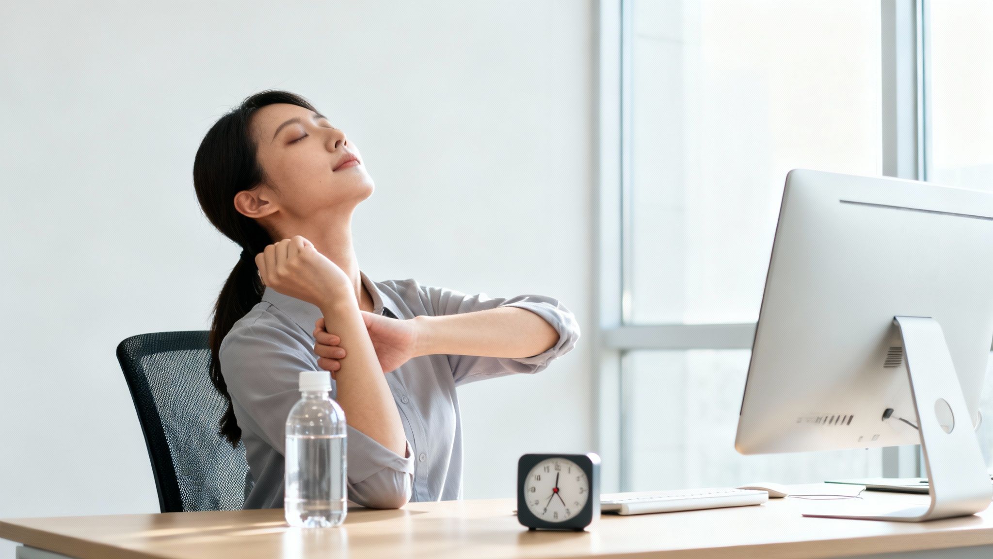 A person stretching their arms at an office desk.