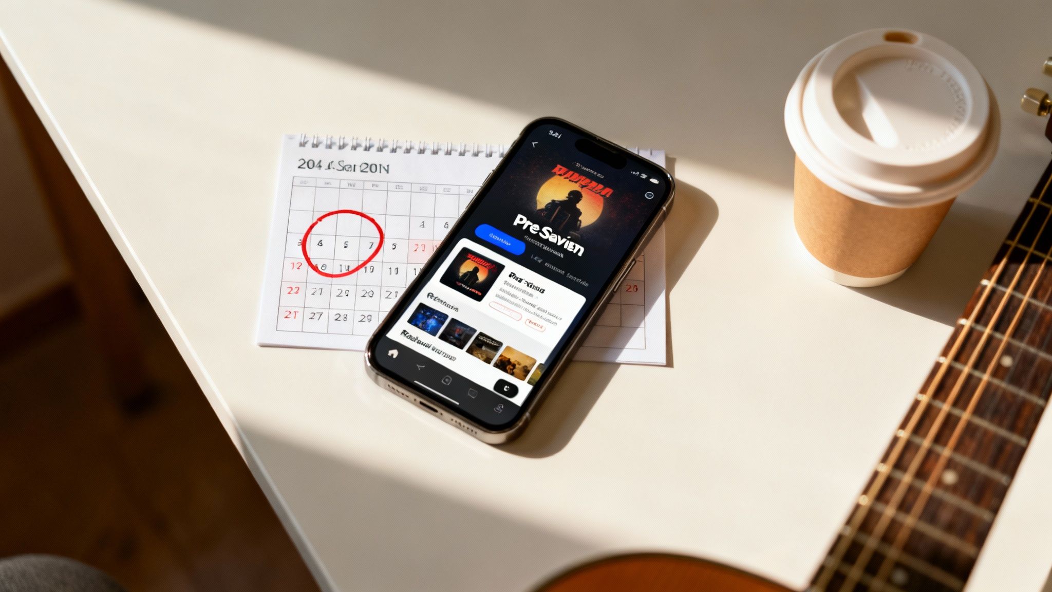 Overhead shot of a desk with a smartphone playing music, a calendar, coffee cup, and guitar.