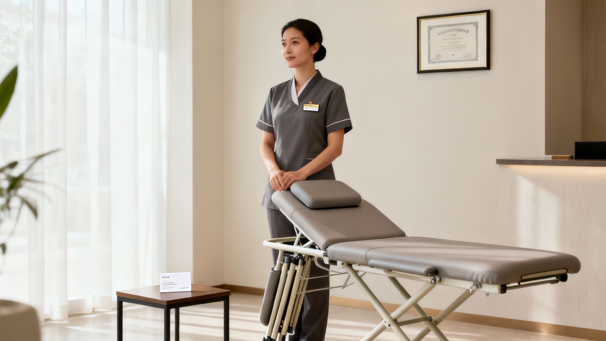 A seated massage therapist working on a client's shoulders in an office setting.