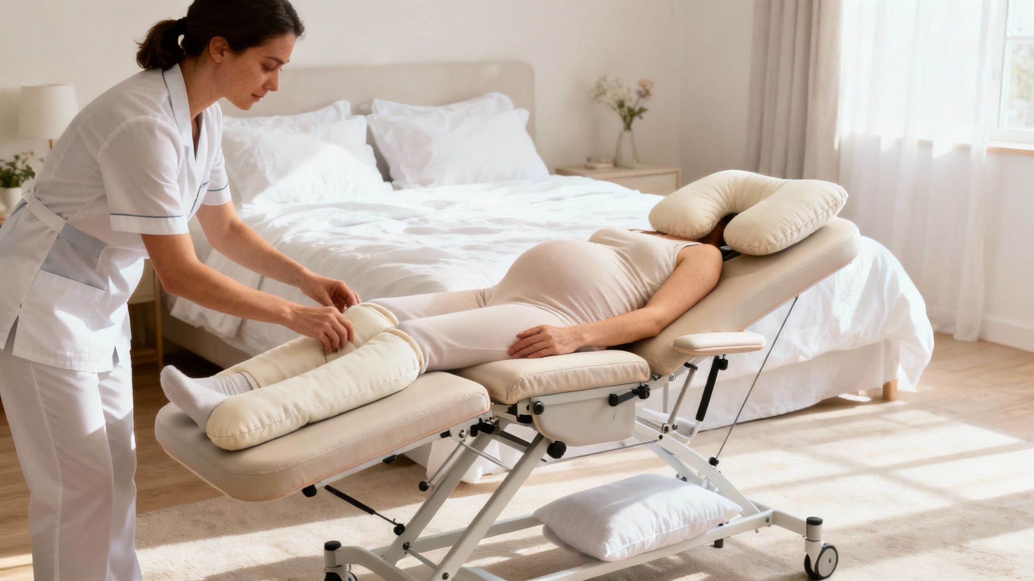 A professional therapist gives a prenatal massage to a pregnant woman on a portable bed in a bright bedroom.