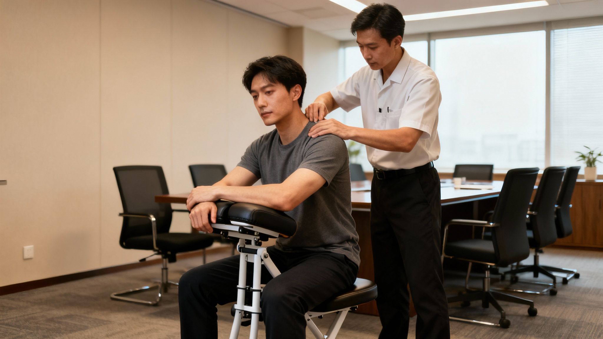 A therapist giving a seated massage to a person in an office setting.