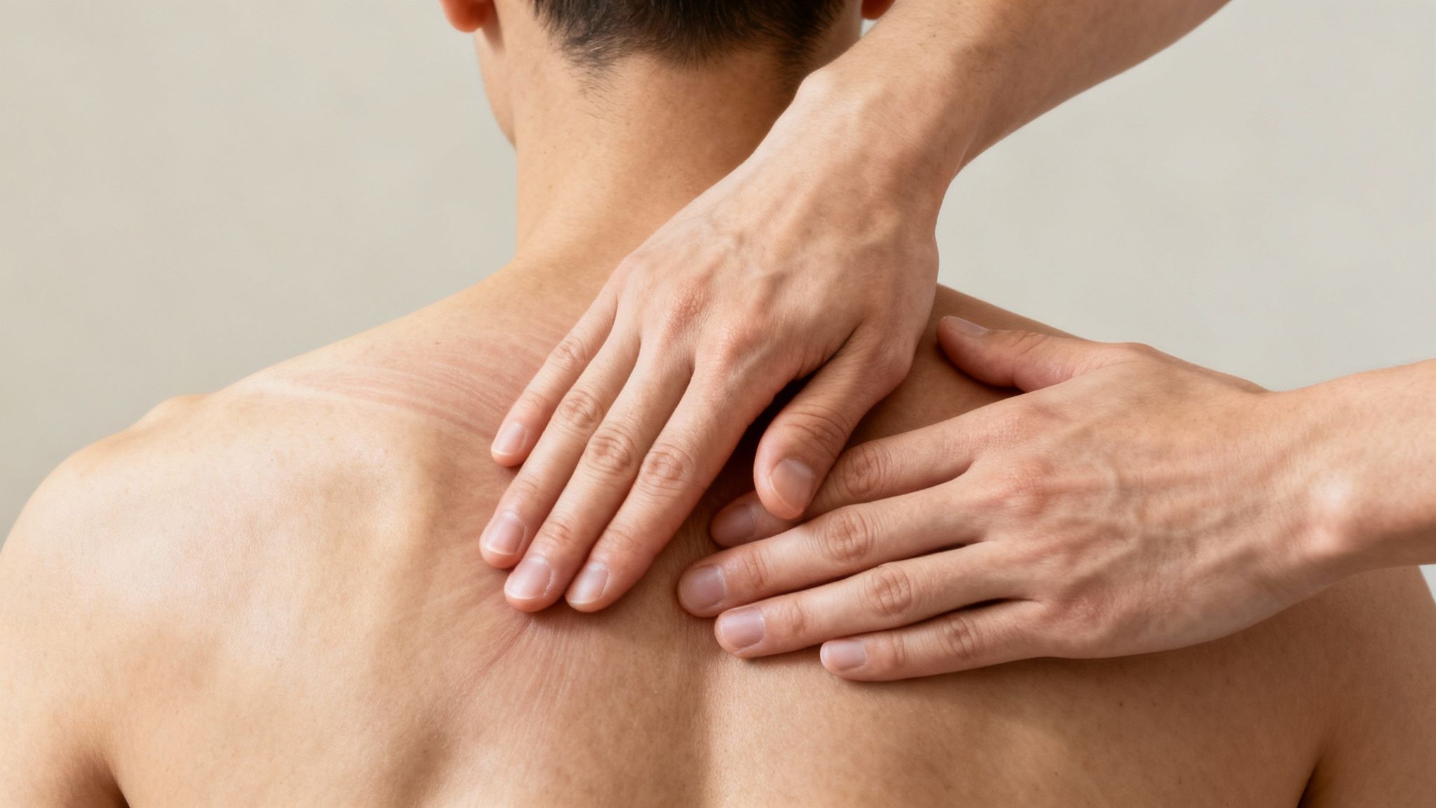 Professional massage therapist performing deep tissue therapy on male patient's upper back and shoulder