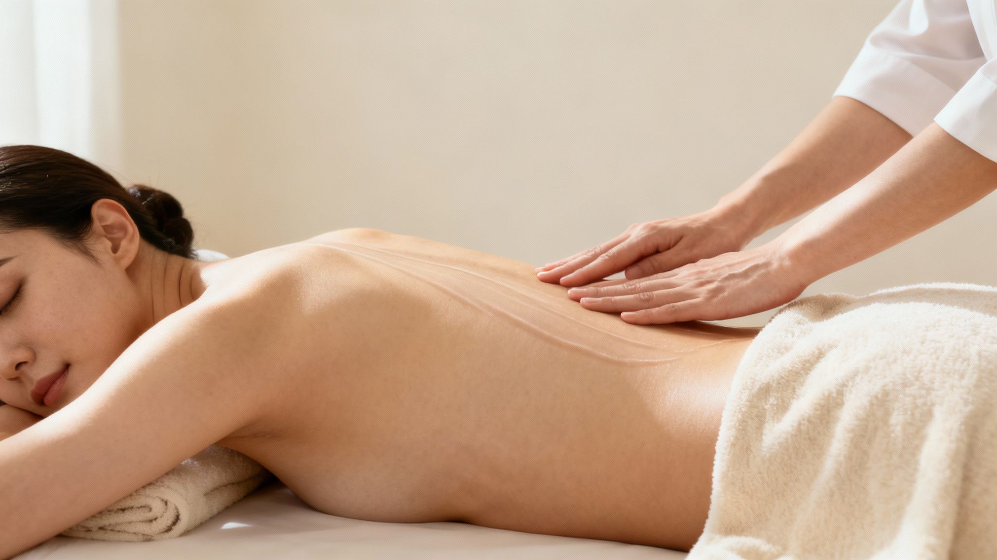 A woman receives a relaxing back massage with lotion applied, looking peaceful in a spa setting.