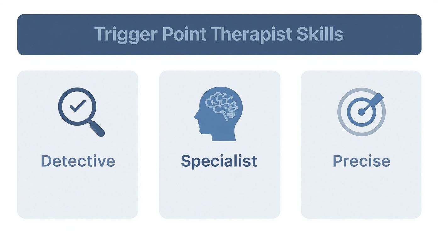 Infographic about trigger point therapist skills, showing icons for Detective, Specialist, and Precise.