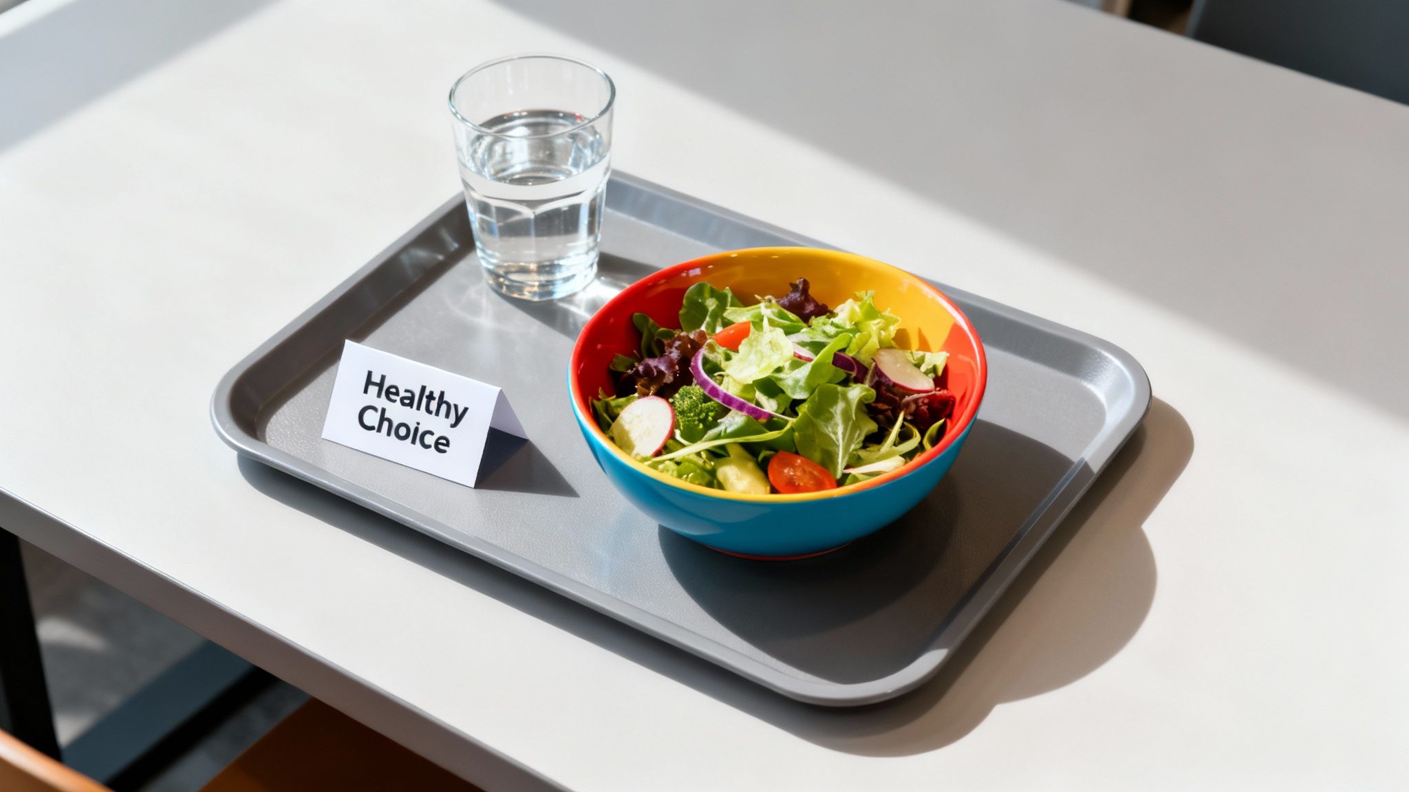 Fresh salad bowl with healthy choice card on cafeteria tray promoting workplace wellness nutrition
