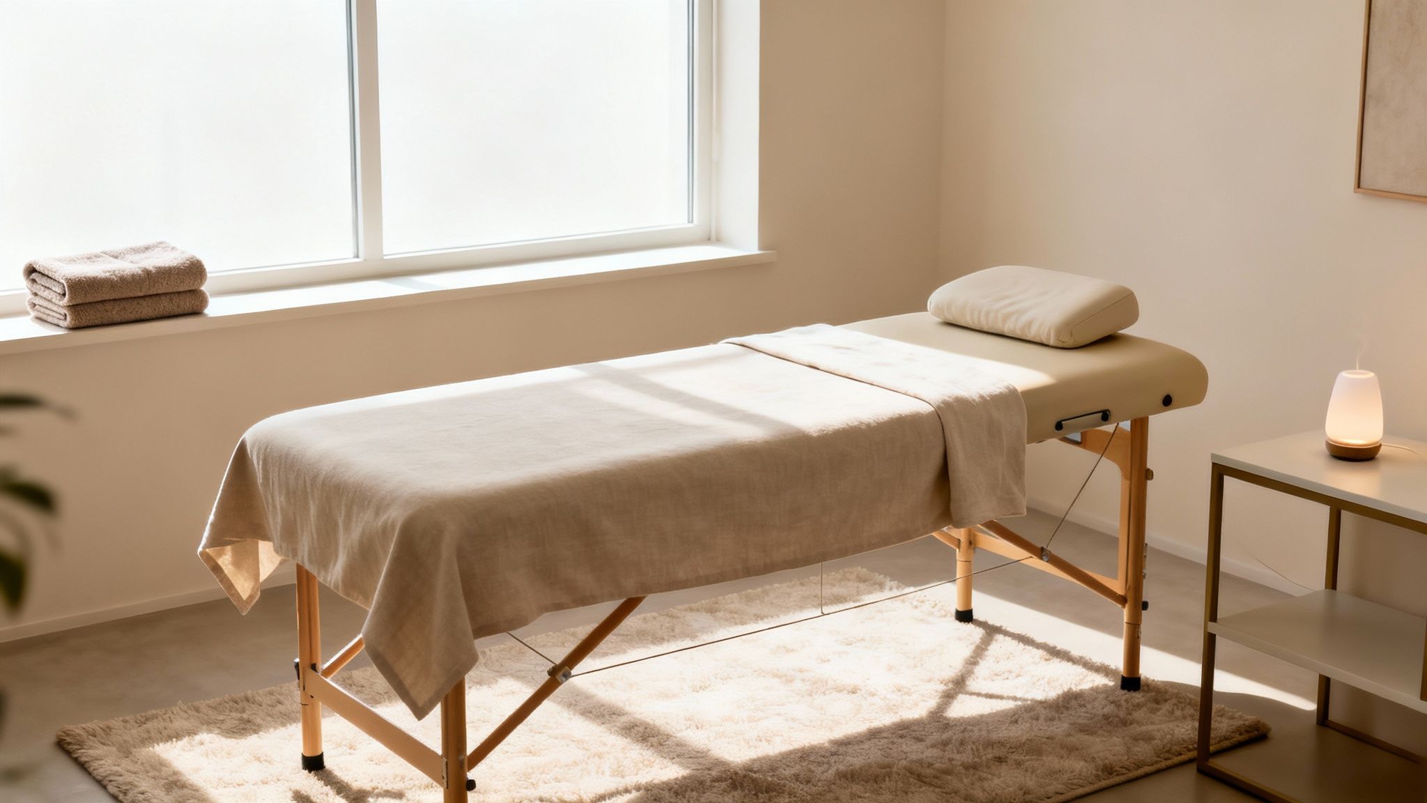 A serene massage room with a massage table, folded towels, and an aromatherapy diffuser.
