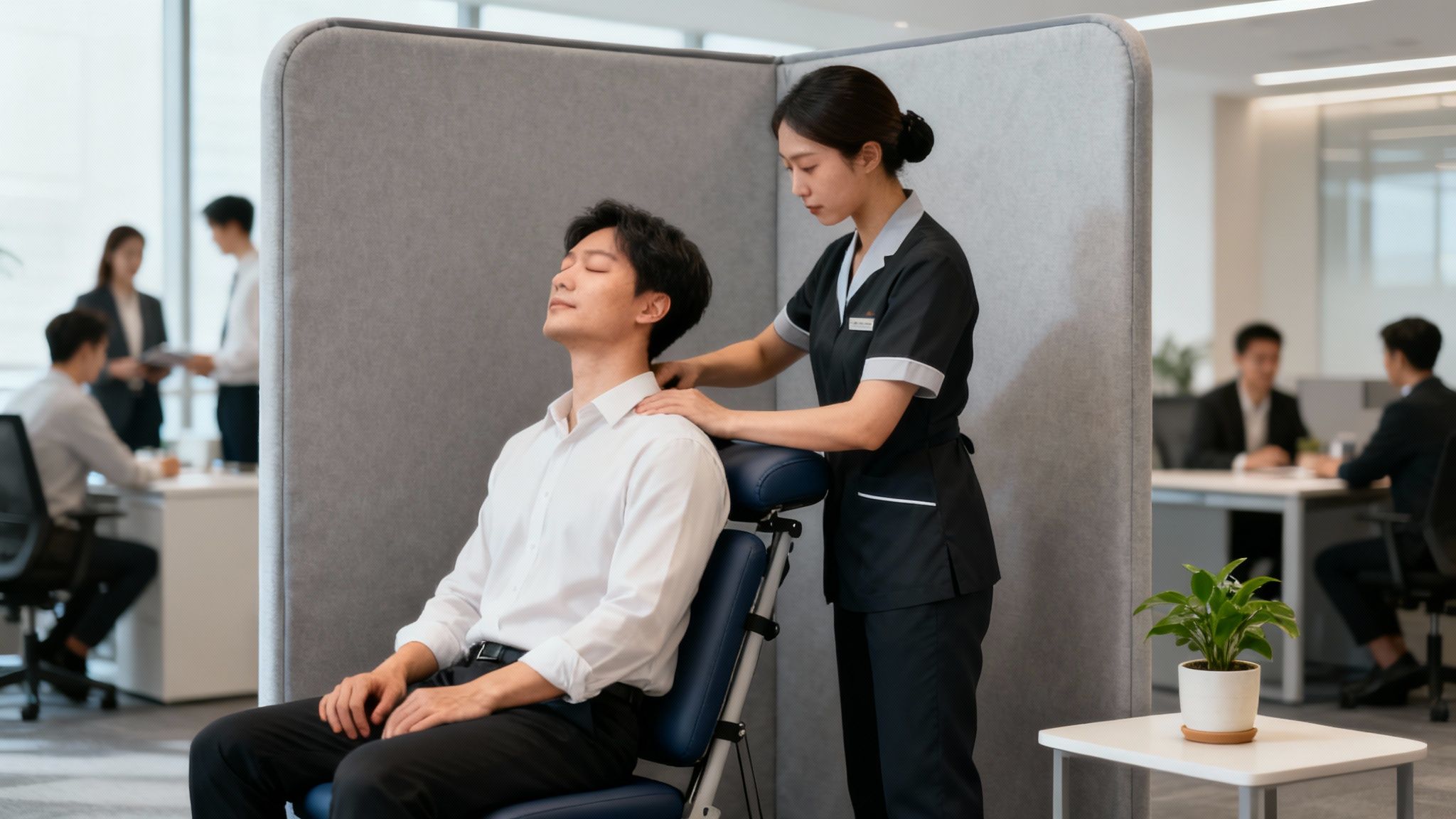 Professional massage therapist providing shoulder massage to office worker in modern workplace wellness area