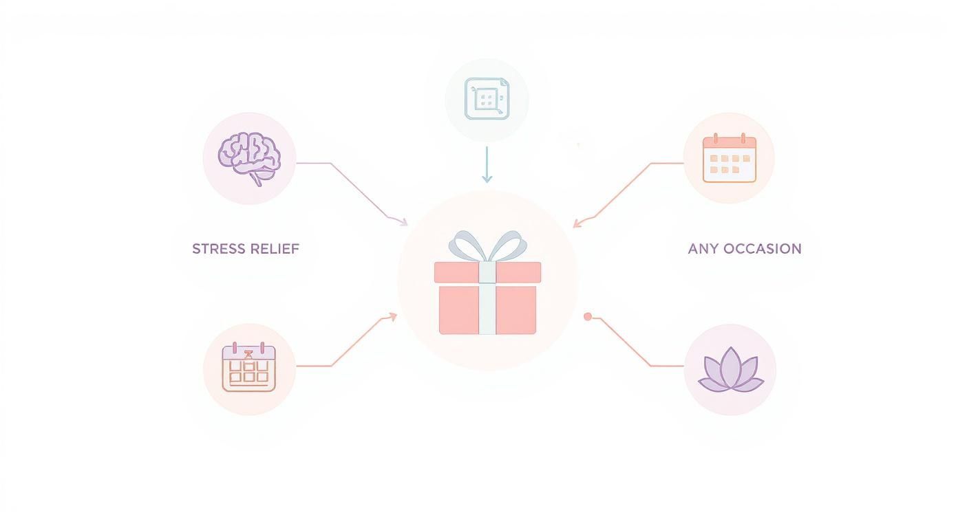 Diagram illustrates a gift box surrounded by icons representing stress relief, gift certificates, and various occasions.