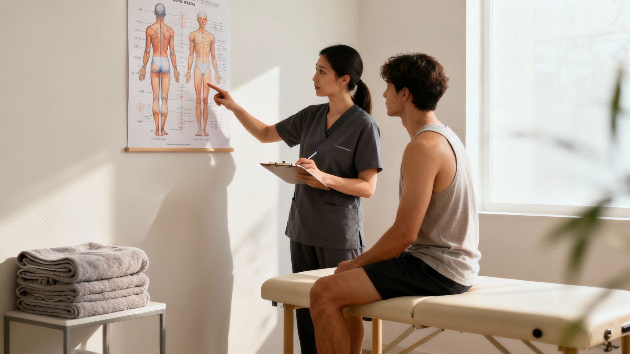 A professional remedial massage therapist assessing a client's posture in a Sydney clinic.