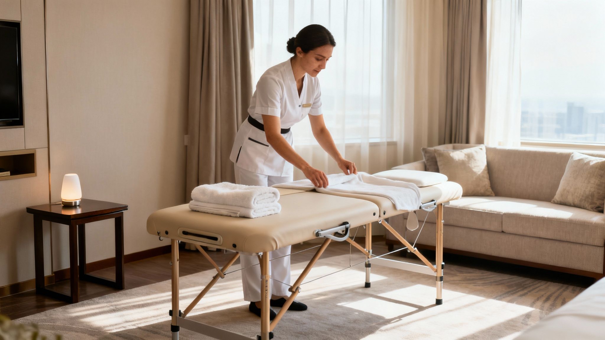 A masseuse in a white uniform prepares a massage table with fresh towels in a bright room.