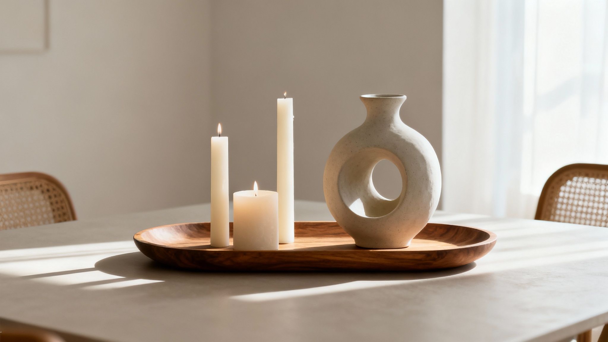 A stylish dining table centerpiece with lit candles and a modern vase on a wooden tray.