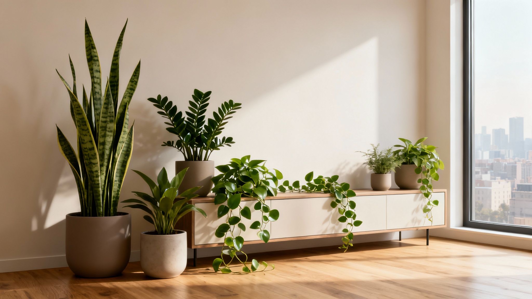 A bright room with various potted green indoor plants, a low cabinet, and a city view.