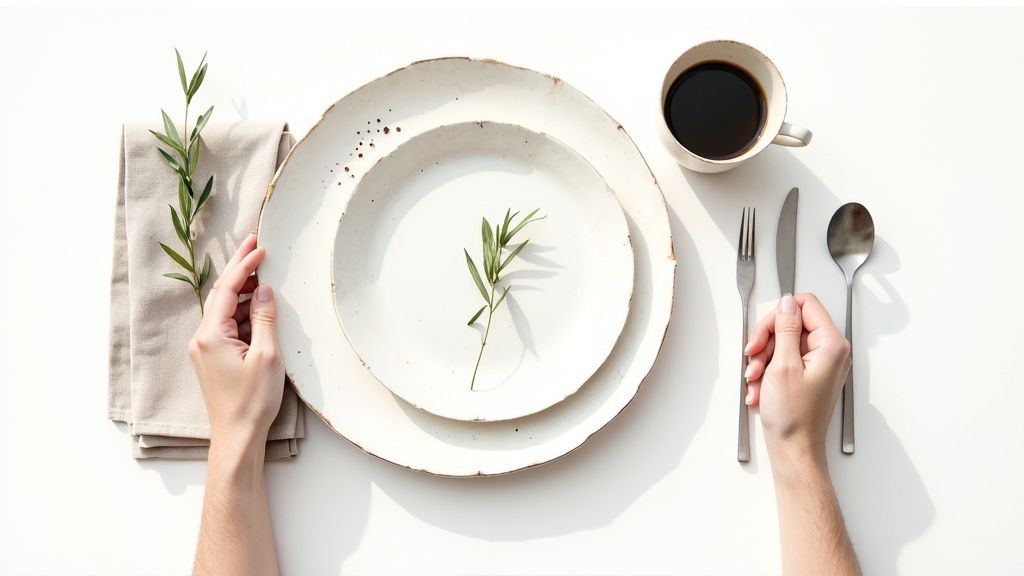 Hands setting a minimalist ceramic dinner table with plates, cutlery, coffee, napkin, and green leaves.