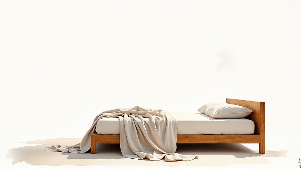 A minimalist wooden bed frame with white bedding and a soft beige throw blanket.
