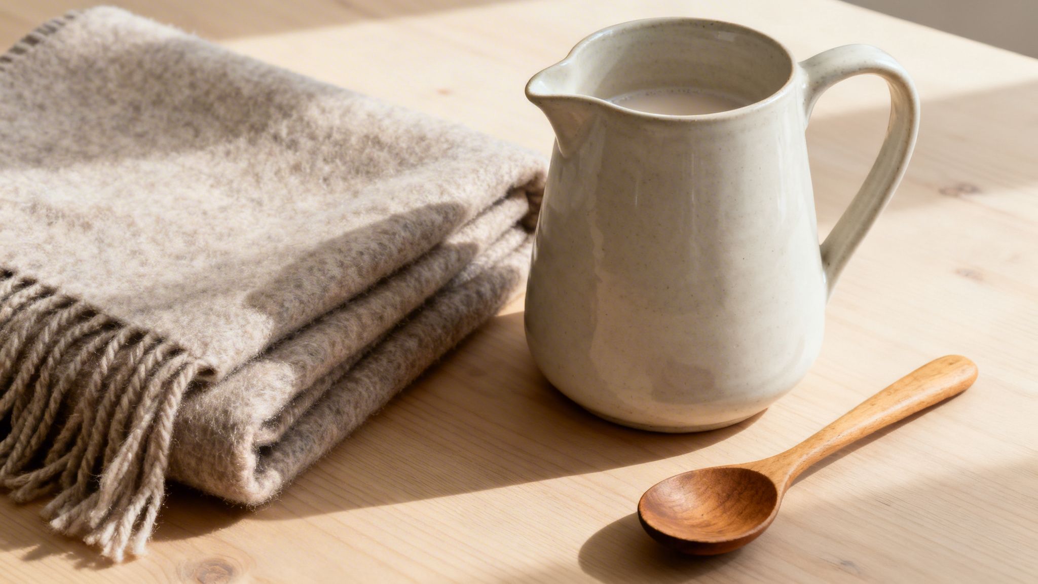 A cozy scene with a folded beige wool blanket, ceramic pitcher, and wooden spoon on a table.