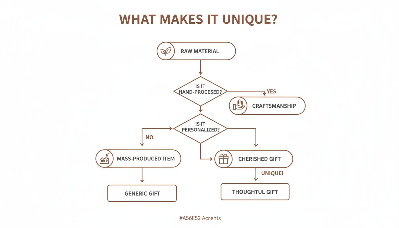 Flowchart illustrating factors like hand-processing and personalization that contribute to unique and thoughtful gifts.
