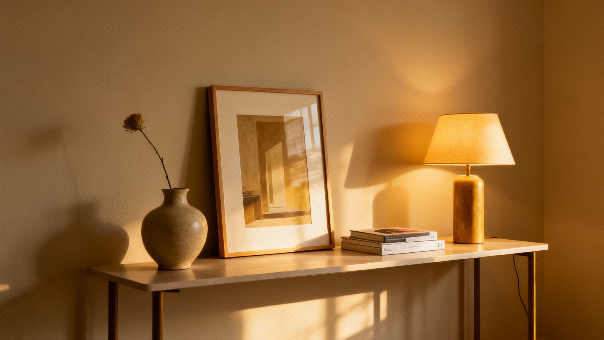 A cozy room corner with a console table, featuring a vase, framed artwork, books, and a warm glowing lamp.