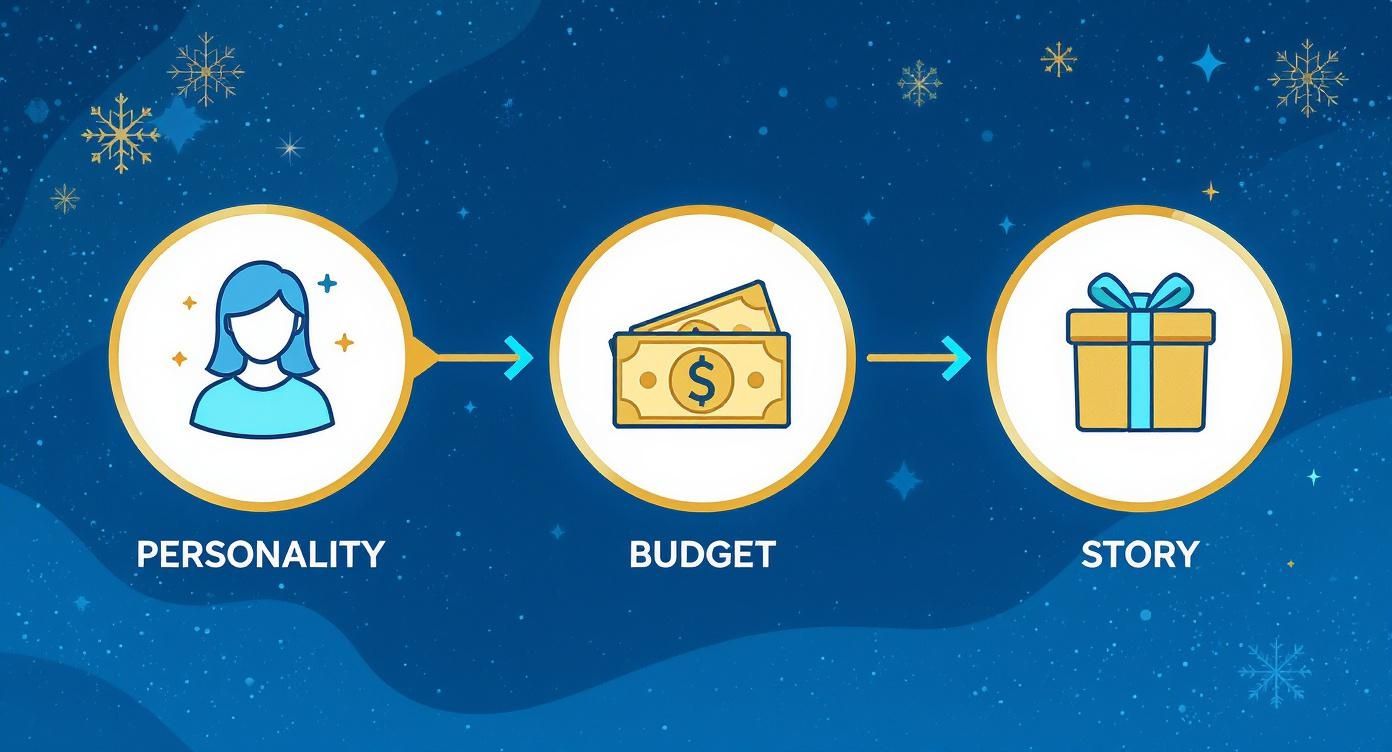 Three-step gift giving process showing personality assessment, budget planning, and personalized story-based present selection