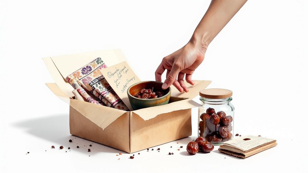 A hand places a bowl of dates into a gift box containing patterned fabrics and a note.