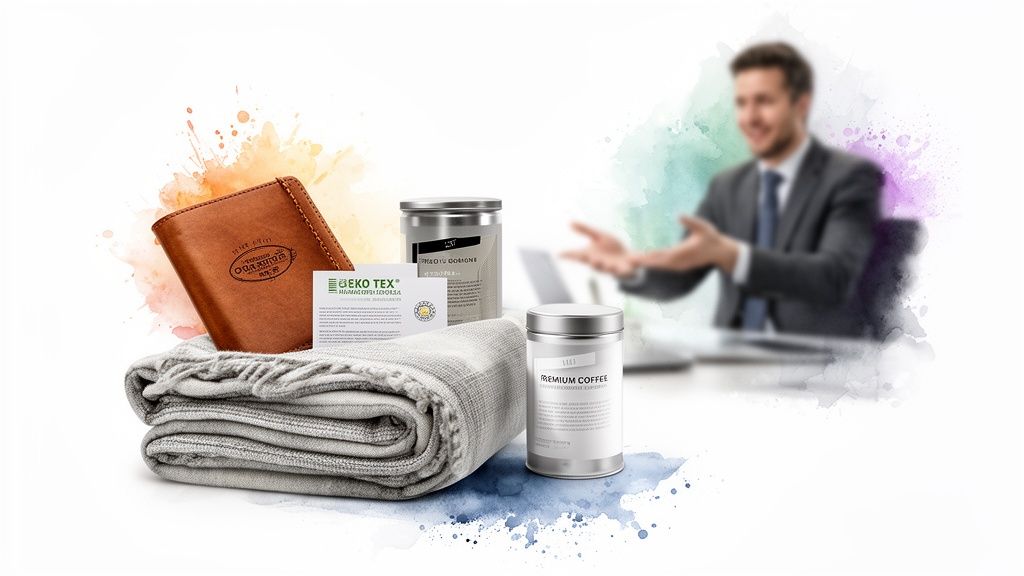 Assorted gift items: a leather wallet, blanket, coffee, and Oeko-Tex card with a businessman.