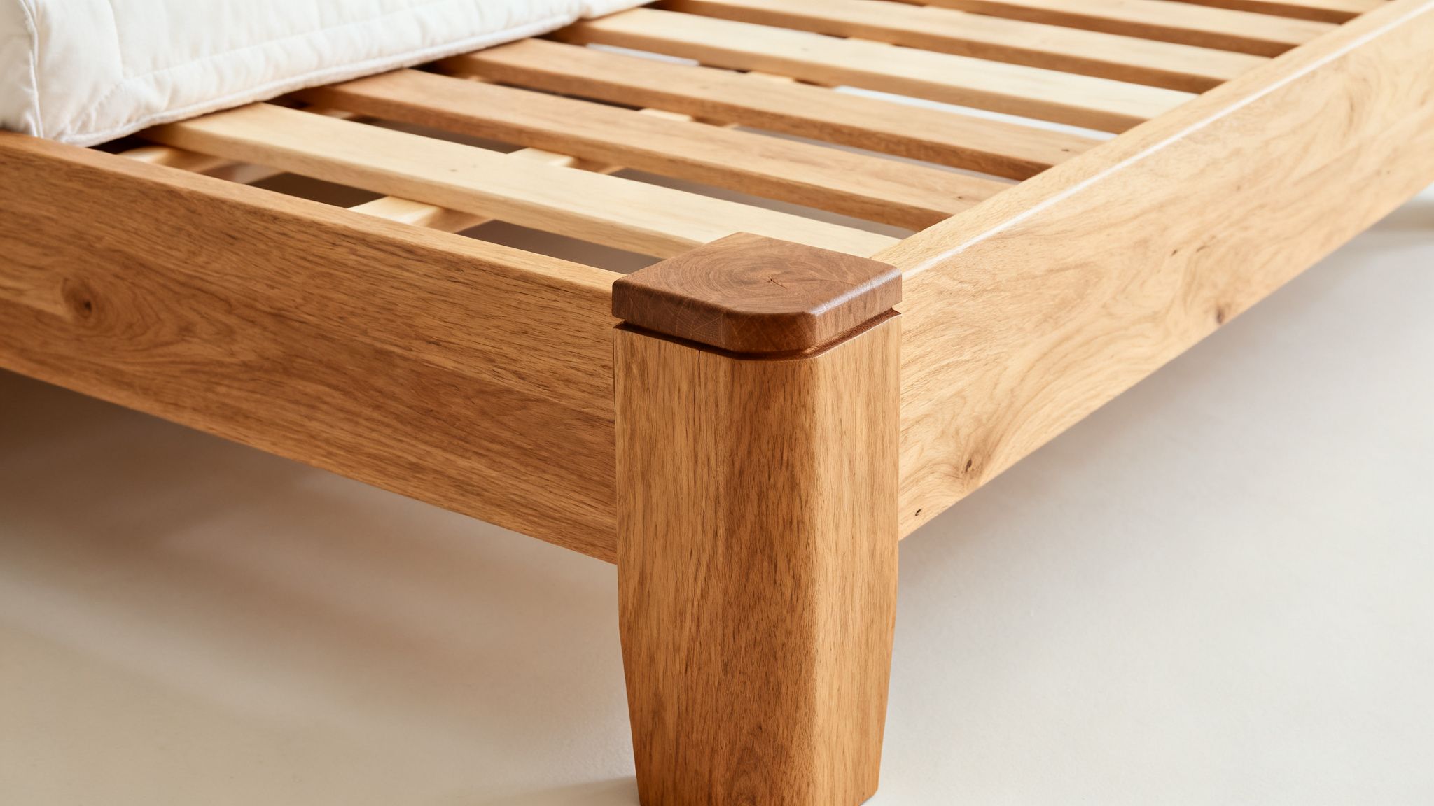 Close-up detail of a natural oak wooden bed frame with a slatted base and white mattress.
