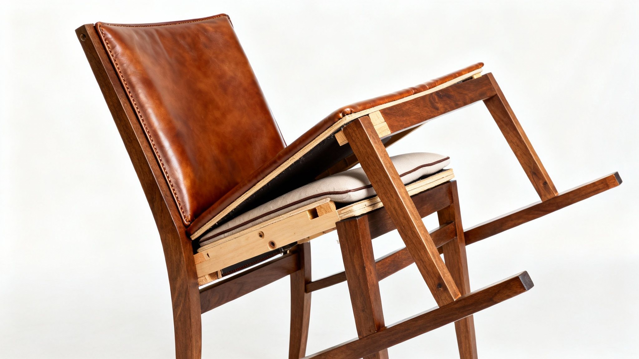 A modern dining chair with a brown leather backrest and a light fabric cushion, showcasing its wooden frame.