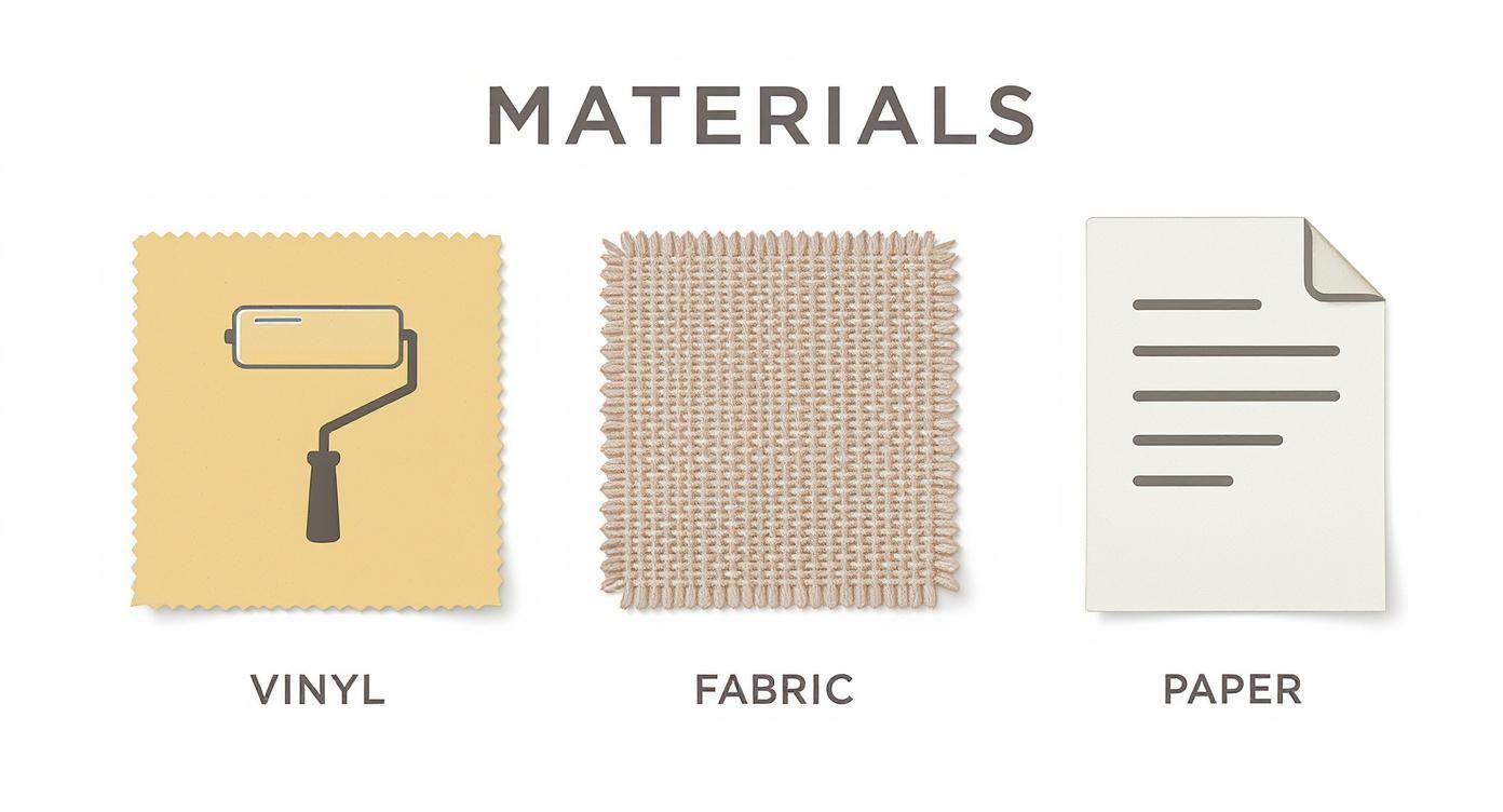 An infographic comparing vinyl, fabric, and paper wall stickers on features like durability, finish, and best use cases.