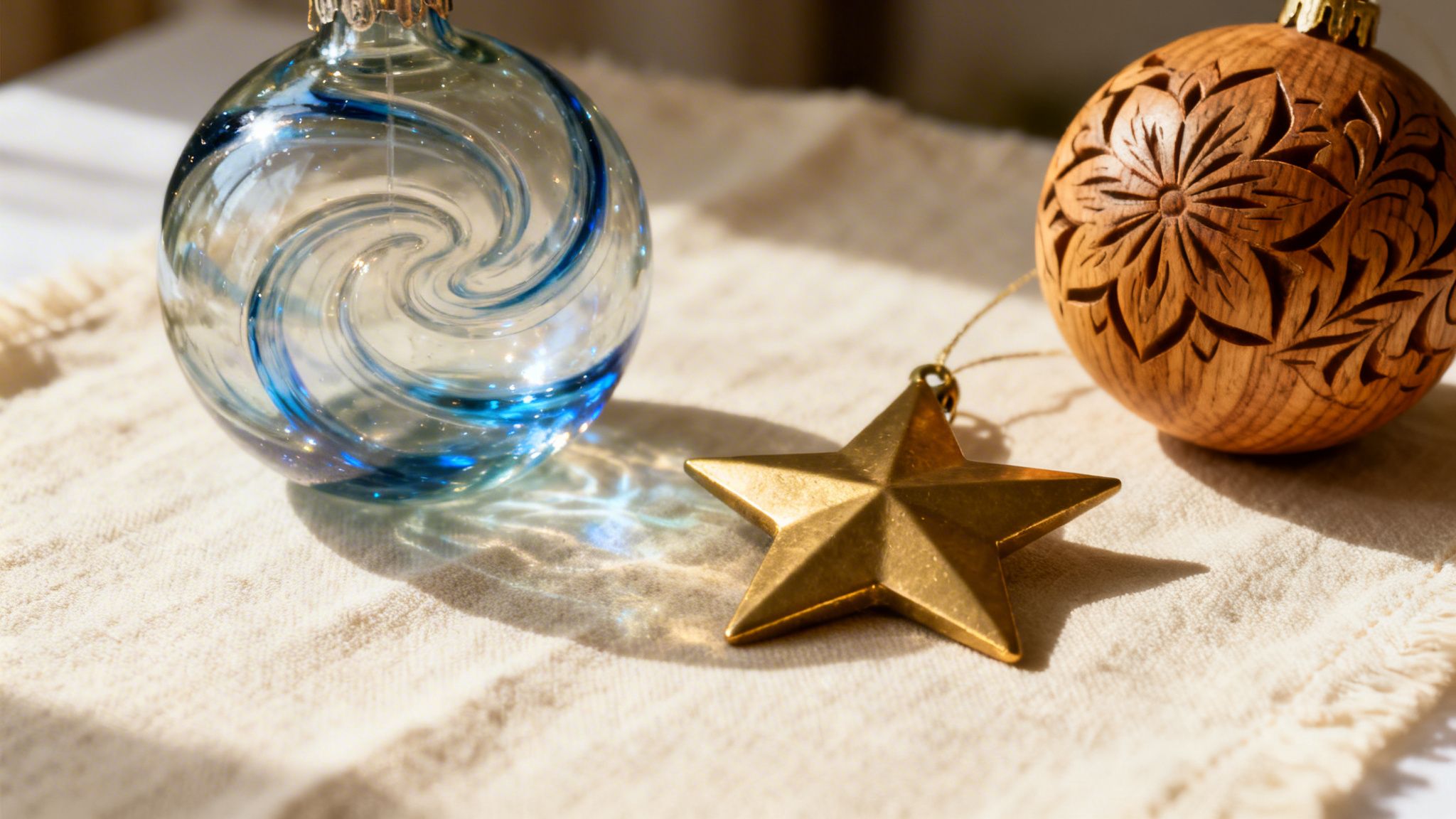 Beautiful Christmas ornaments: clear glass with blue swirls, a golden star, and a carved wooden bauble.