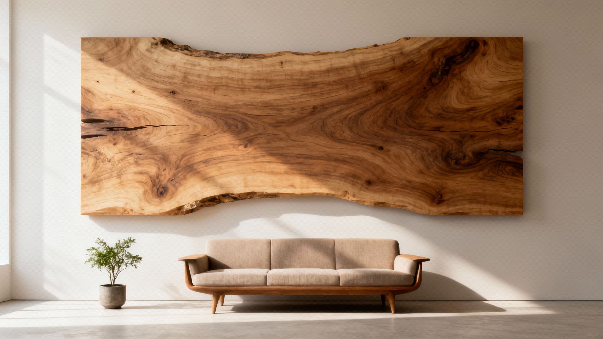 A modern, minimalist living room featuring a large, live-edge wood slab on the wall above a beige sofa.