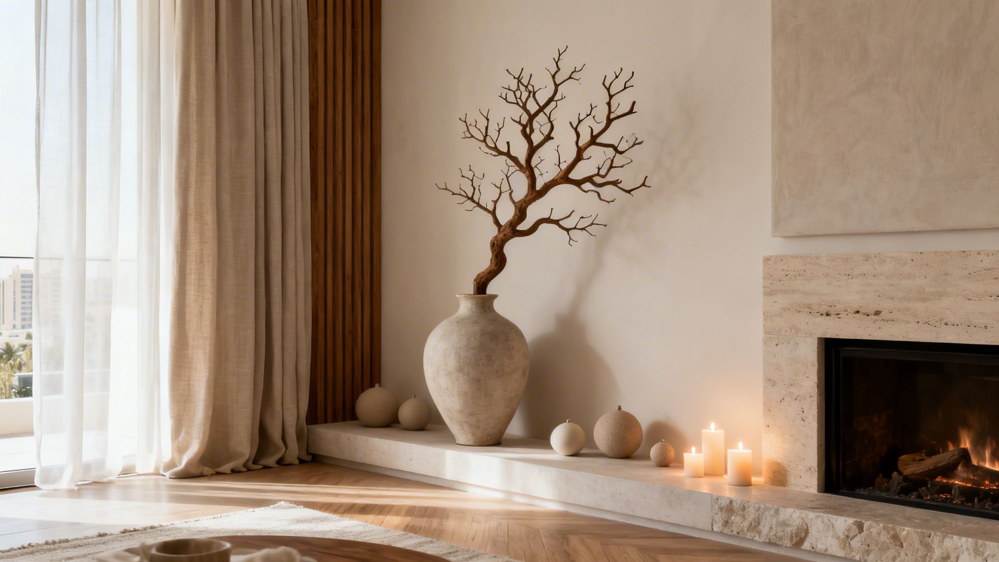 A modern, festive living room featuring a fireplace, candles, a large vase with a branch, and neutral curtains.