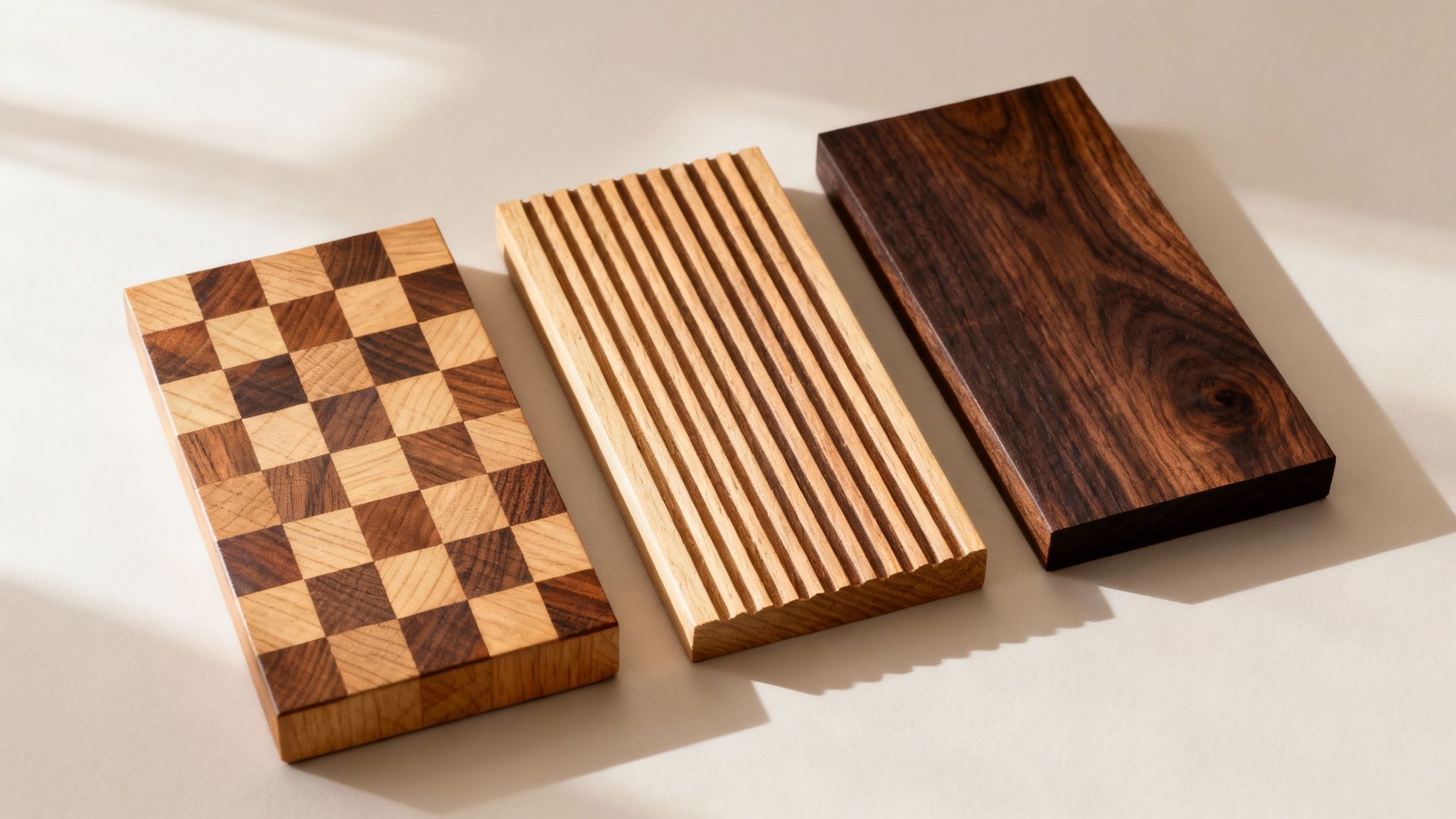 Three distinct wooden cutting boards, featuring checkered, grooved, and solid dark wood designs.