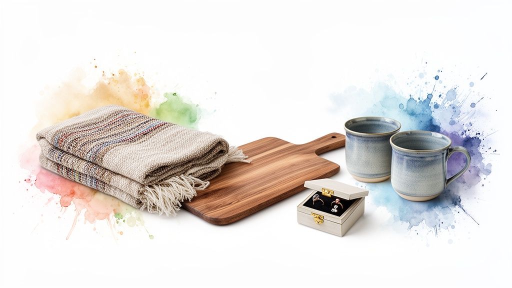 A cozy blanket, wooden cutting board, two ceramic mugs, and an open jewelry box with rings.
