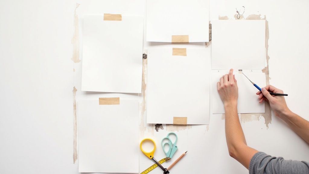A person laying out a frame wall design on the floor using paper cutouts before hanging them.