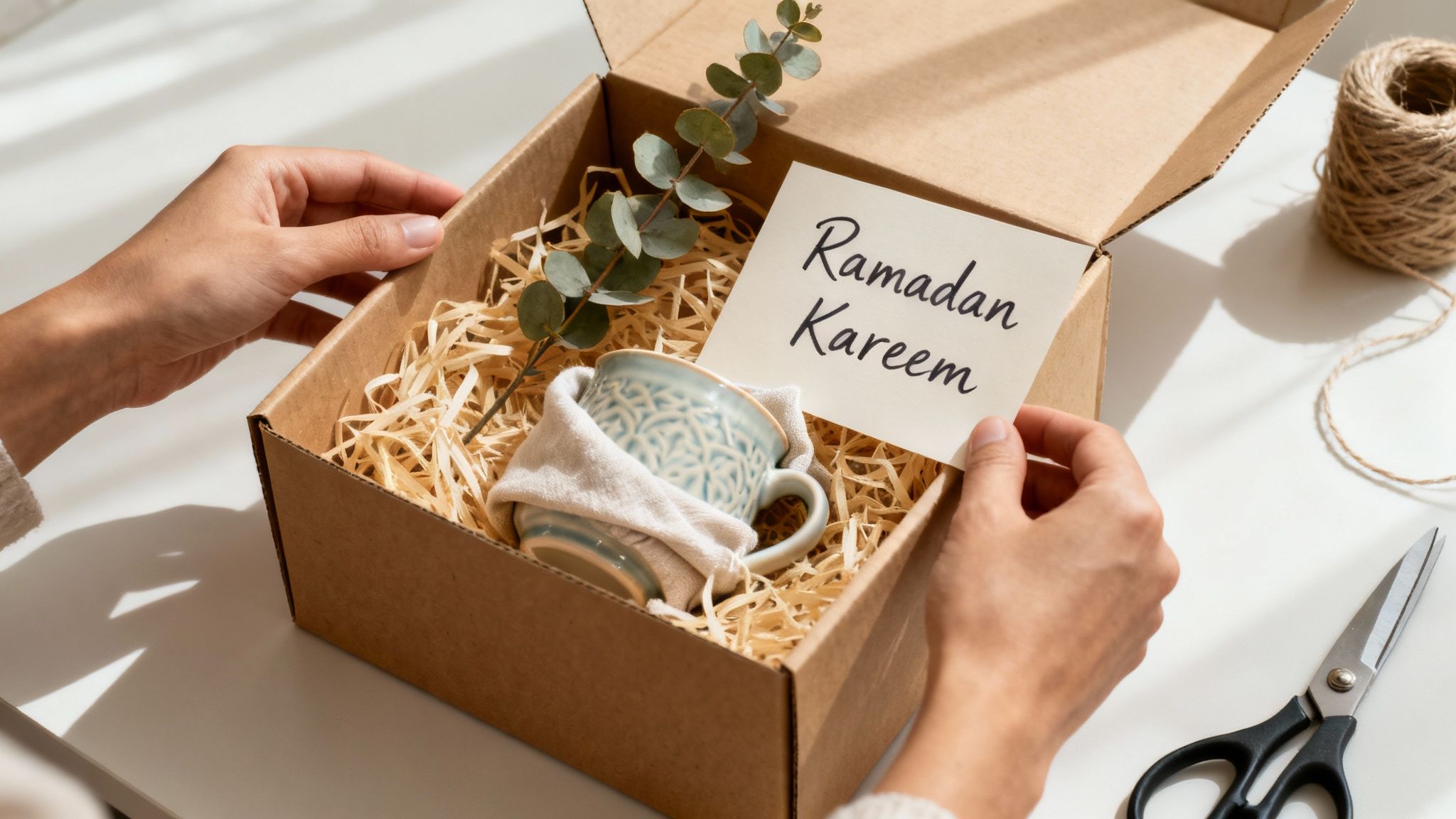 Hands placing a Ramadan Kareem card into a gift box filled with a mug, eucalyptus, and straw.