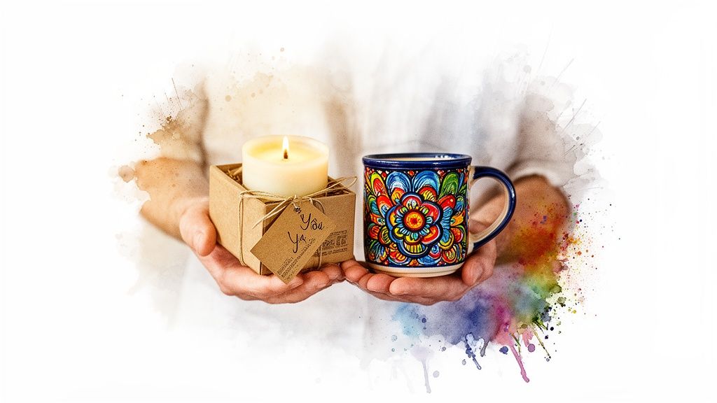 Hands holding a lit candle in a craft box and a vibrant, patterned ceramic mug.