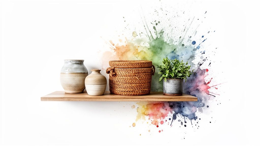 A wooden shelf featuring two ceramic vases, a woven basket, and a potted plant with colorful watercolor splashes.