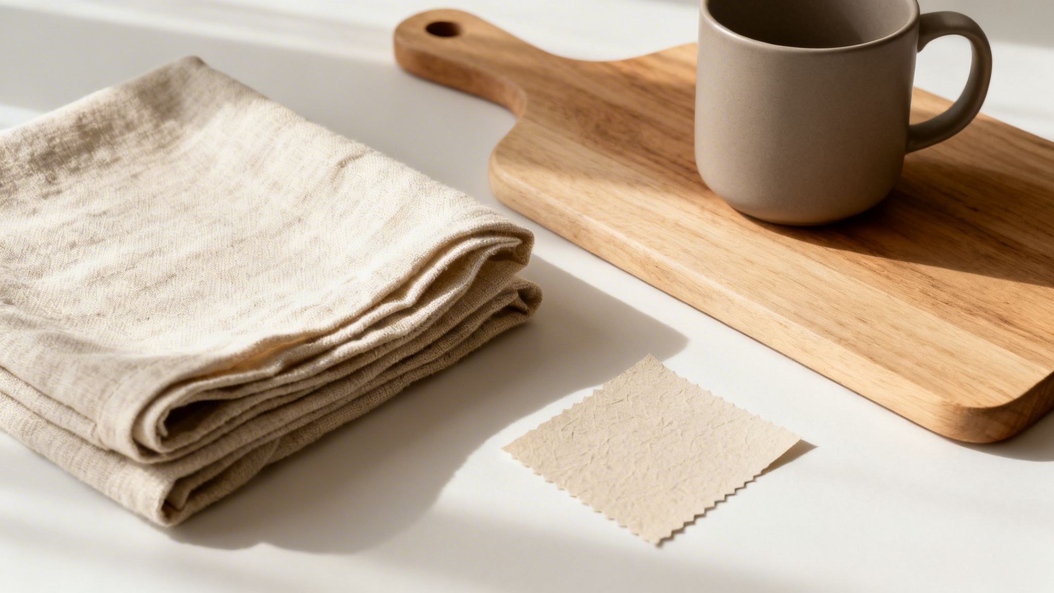 A minimalist flat lay with a folded beige linen towel, wooden cutting board, and ceramic mug.