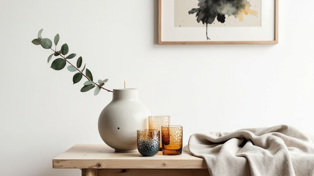 Minimalist home decor with a eucalyptus branch in a vase, textured glass candle holders, and a blanket.