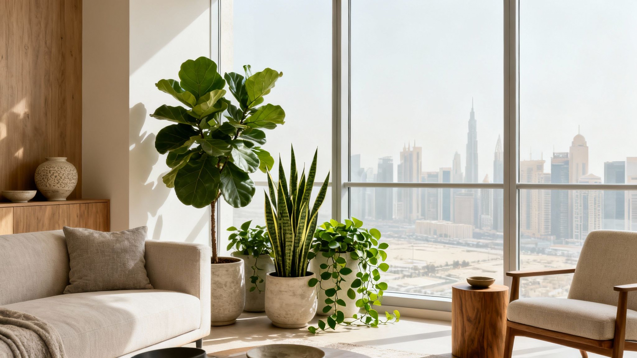 A bright modern living room with large windows showcasing an urban skyline and several green indoor plants.