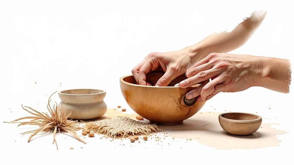 Hands mixing various natural ingredients in a rustic wooden bowl on a white surface.